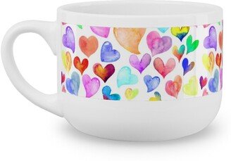 Mugs: Colorful Watercolor Hearts - Multi On White Latte Mug, White, 25Oz, Multicolor