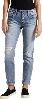 Women's Boyfriend Mid Rise Button Fly Slim Leg Jeans