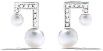 18kt white gold Balance note pavé diamond and Akoya pearl stud earrings