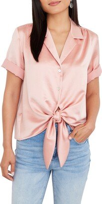 Roll Cuff Tie Front Satin Blouse