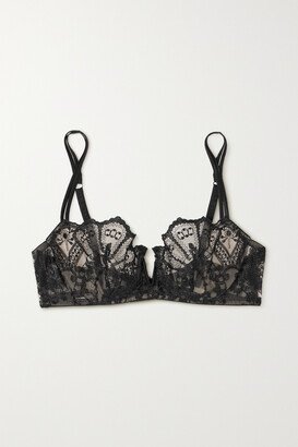 Lotus Satin-trimmed Embroidered Tulle Soft-cup Underwired Bra - Black