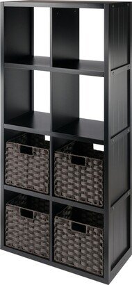 Timothy 5-Pc 4x2 Storage Shelf with 4 Foldable Woven Baskets, Black and Chocolate