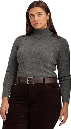 Plus Size Faux Leather Trim Ribbed Turtleneck (Modern Grey Heather) Women's Sweater