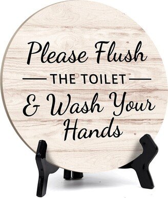 Round Please Flush The Toilet & Wash Your Hands, Decorative Bathroom Table Sign With Acrylic Easel | 5 X 5