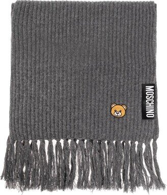 Teddy Bear-Motif Fringed Knitted Scarf