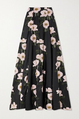 Kennedy Pleated Embellished Floral-print Taffeta Maxi Skirt - Black