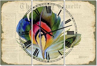 Designart Colorful Elegant Feather On Old Style Newspaper Ii Large Cottage 3 Panels Wall Clock - 23 x 23 x 1