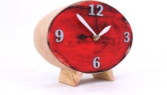Table Wood Red Clock, Tabletop Clock With Addional Engraving Laser, Ellipse Handmade Distressed Desk Clock, No Ticking Mechanism