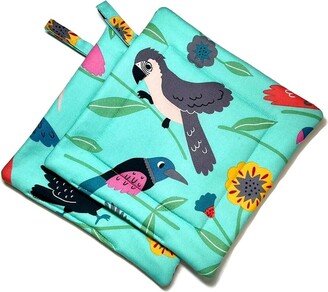 Quilted Pot Holders Tropical Birds, Set Of 2, Alexander Henry, Green