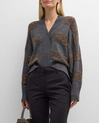 3D Contrast Sequin-Embellished Stripe Wool Cardigan