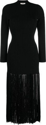 Fringed-Edge High-Neck Midi Dress