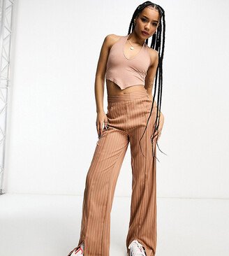 Heartbreak Petite pinstripe wide leg split front pants in brown