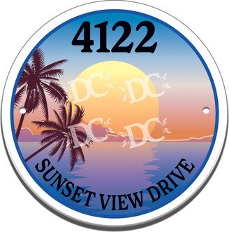 Tropical Sunset Ceramic House Number Circle Tile, Cottage Themed Address Door Sign, Lakehouse