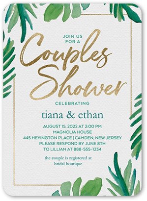 Bridal Shower Invitations: Coupled Leaves Bridal Shower Invitation, Green, 5X7, Standard Smooth Cardstock, Rounded