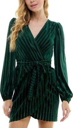 Juniors' Glitter Long-Sleeve Velvet Wrap Dress