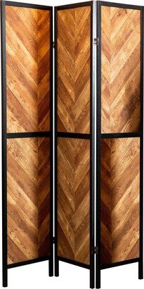 Furniture Marlene Rustic Tobacco Herringbone Pattern 3-Panel Screen