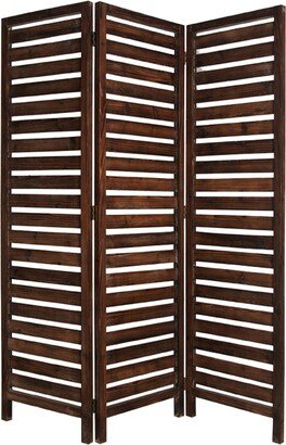 3 Panel Foldable Wooden Screen with Louver Pattern, Dark Brown