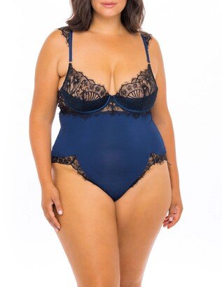 Plus Size Viscose Jersey and Eyelash Lace Molded Shelf Cup Lingerie Teddy with Front and Back High Leg Slits and Eyelash Lace Trimming - Estate Blue,