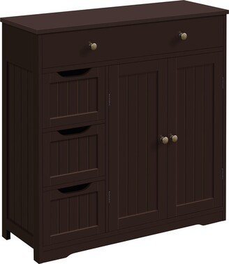 EPOWP Bathroom Floor Cabinet, Large Storage Space Wooden Organizer with Drawer, 3 Small Drawers & 2 Doors, Free-Standing Cupboard