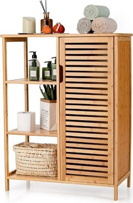 Bathroom Cabinet Bamboo Storage Floor Cabinet w/ Single Door & 3 Open Shelves