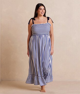 The Silky Luxe Smocked Maxi Dress - Nautical Stripe in Blue Mountain