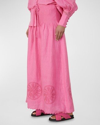 Vanessa Embroidered Pintuck Linen Maxi Skirt