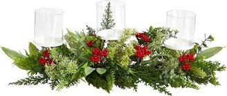 20-in Holiday Winter Greenery and Berries Triple Candle Holder Artificial Christmas Table Arrangement