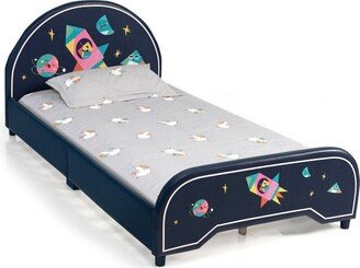 Kids Twin Size Upholstered Platform Bed with Rocket Pattern