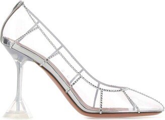 Striped Crystal-Embellished Pumps