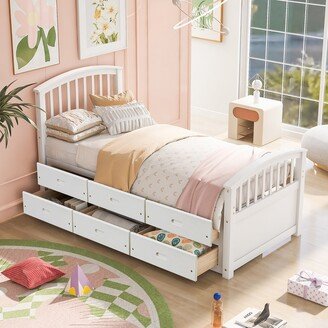 Twin Size Platform Storage Bed Solid Wood Bed with 6 Drawers, White