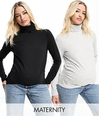 Threadbare Maternity 2 pack high neck long sleeve top in black and gray