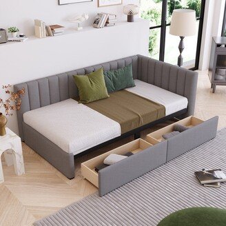 Aoolive Twin Size Upholstered Daybed with 2 Storage Drawers, Wood Sofa Bed for Living Room Bedroom, Wood Slat Support