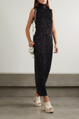 Sequined Ribbed Crochet-knit Turtleneck Maxi Dress - Black