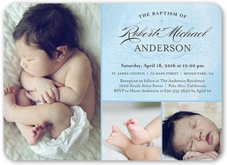 Baptism Invitations: Faithful Flourish Boy Baptism Invitation, Blue, Standard Smooth Cardstock, Rounded