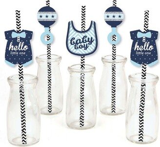 Big Dot of Happiness Hello Little One - Blue and Silver Paper Straw Decor - Boy Baby Shower Striped Decorative Straws - Set of 24