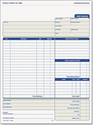 TOPS Snap-Off Job Invoice Form 8 1/2 x 11 5/8 Three-Part Carbonless 50 Forms 3866