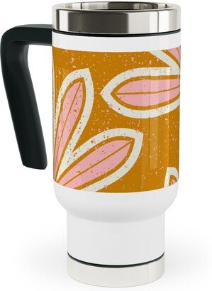 Travel Mugs: Mid Century Palm Leaf Travel Mug With Handle, 17Oz, Pink