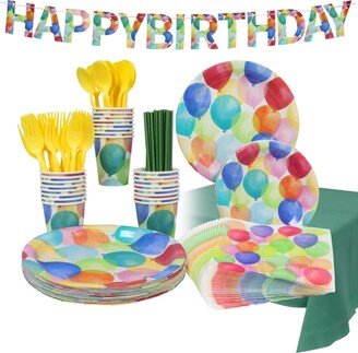 Puleo Disposable Birthday Party Set, Serves 24, with Large and Small Paper Plates, Paper Cups, Straws, Napkins, Plastic Utensils, Tablecloth and Banner - Gr