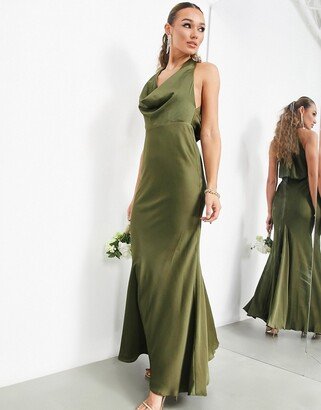 Bridesmaid satin halter cowl maxi dress in olive green