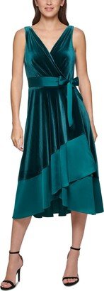 Petites Womens Velvet Midi Cocktail and Party Dress