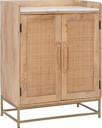 Powell Gordon Solid Wood Iron Base and Faux Marble Top 4 Shelves Bar Cabinet Natural/White/Gold - Linon