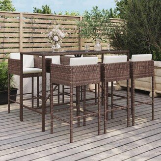 7 Piece Patio Bar Set with Cushions Brown Poly Rattan - 19.7 x 18.9 x 39.4-AA