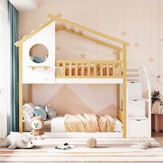 Aoolive Stairway Twin-Over-Twin Bunk Bed,with Storage and Guard Rail,Natural Bed +White Stair