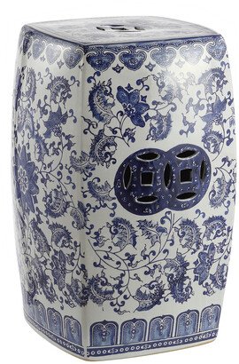 Floral Vine 18.5In Chinoiserie Ceramic Square Garden Stool-AA