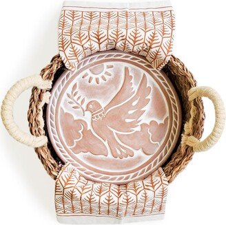 Korissa Bread Warmer & Basket Gift Set With Light Brown Tea Towel - Dove In Peace