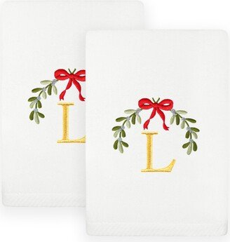 Linum Home Christmas Mistletoe Monogram White Embroidered Luxury Turkish Cotton Hand Towels, 2 Piece Set - L