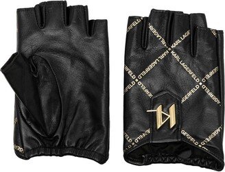 Logo-Print Fingerless Leather Globes