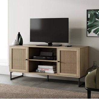 47 Mina Rattan and Wood 2 Door TV Cabinet for TVs up to 59 Light Oak/Matte Black - Nathan James