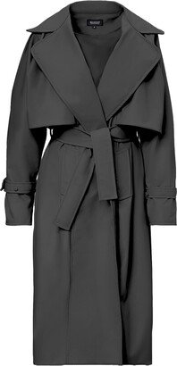 Bluzat Black Leather Raglan Sleeve Trench Coat With Belt