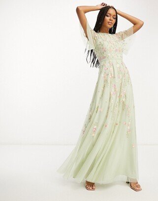 Bridesmaid Floral embroidered flutter sleeve maxi dress with embellishment in sage green